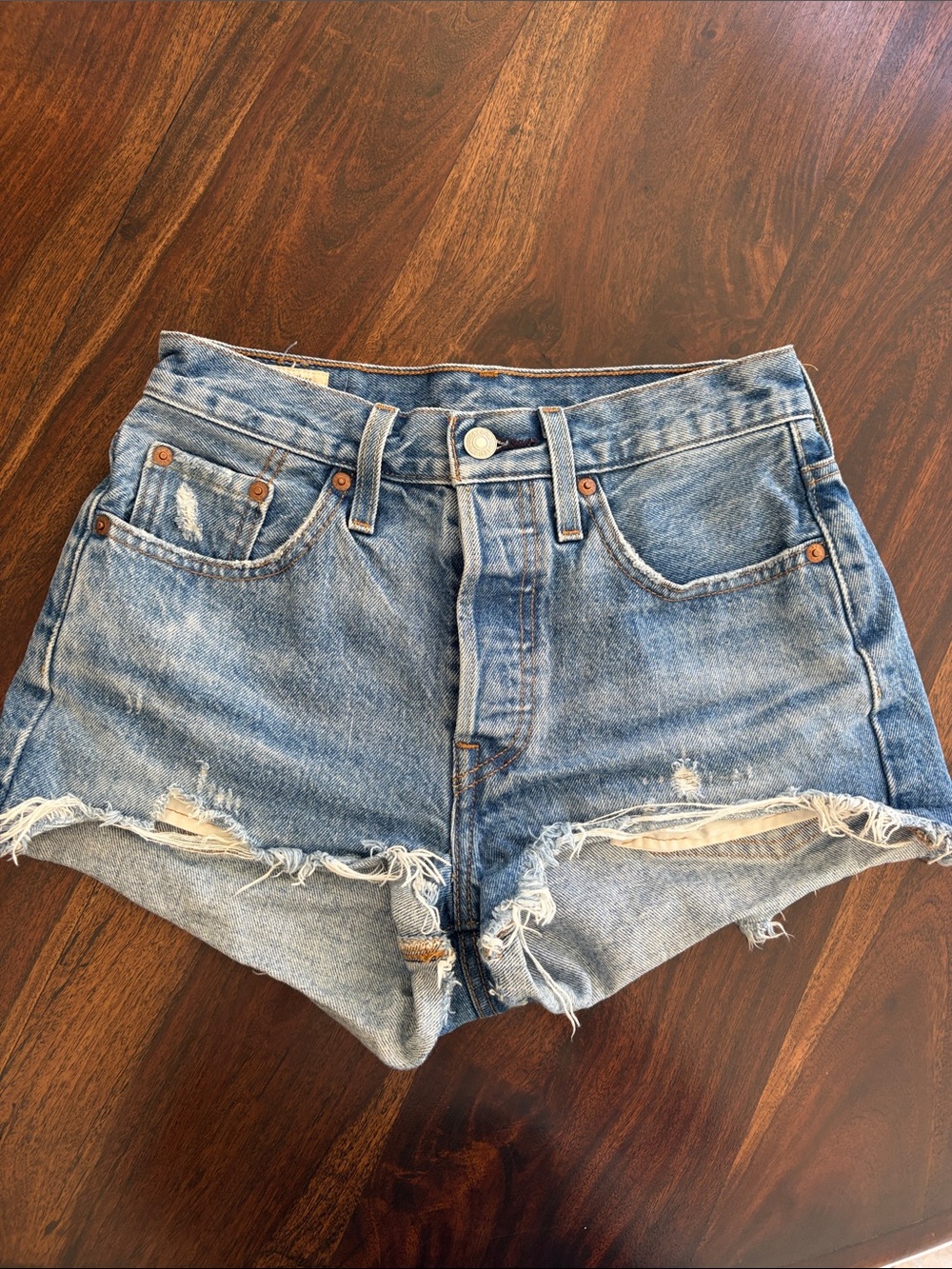Sz 25 Levi's Light Blue High Waist Distressed Denim Shorts